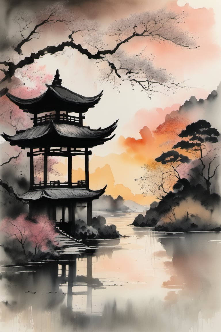 ink scenery, no humans, sunset, lake in the middle of the forest, big tree, blooming branches, Japanese gate, muted colors, negative space, chinese ink drawing