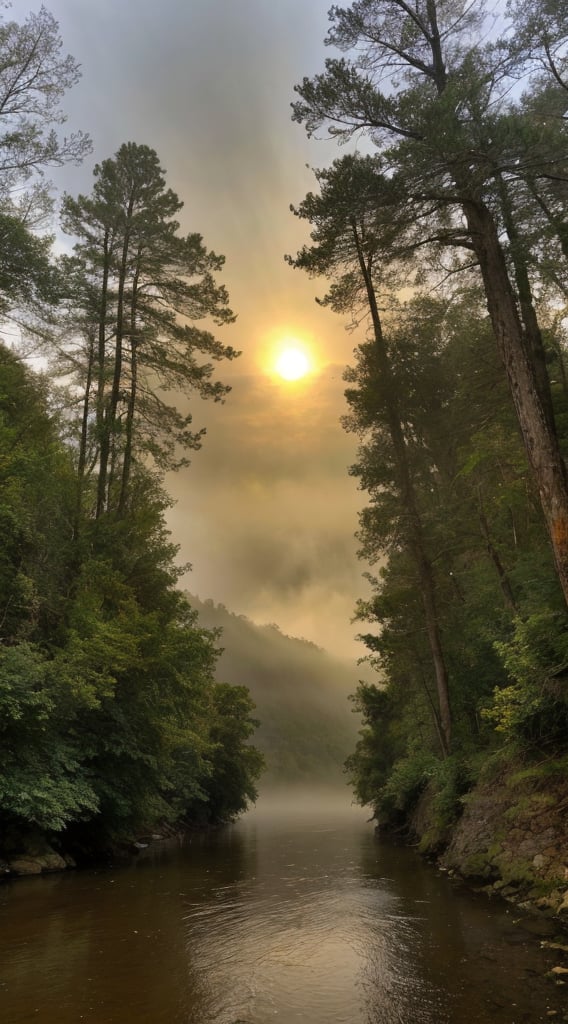 Afternoon sunset landscape showing a wide river surrounded on one sides by a pine forest of very tall trees. The sun hidden from the big dramatic cloud before the rain. Fog slightly floats over the water. The picture taken from below