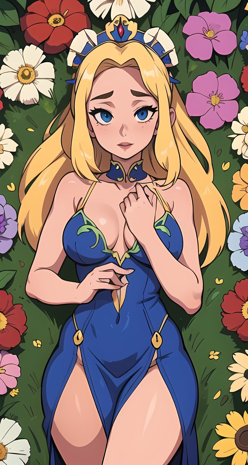 A girl lying among many flowers.
She is calling me to be with her.
(1 girl (17 years old)), blonde hair, very long hair, beautiful face, wide hips, nice breasts, medium breasts, natural curly hair, side parting, flower headdress, dress, sexy dress, black dress, goth, beautiful eyes, blue eyes, long eyelashes), heavenly butterfly (transparent, luminous), different world letters, pastel colors, fantasy world, Art Nouveau, Alphonse Mucha, RedHoodWaifu, (well-formed hands and fingers)