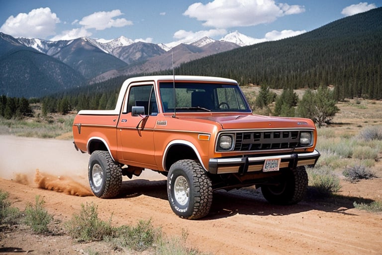 bronco pickup, 1980s (style), mountains of background, big tires
