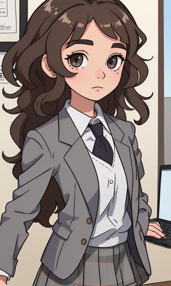 masterpiece,  best quality,  detailed face,  detailed eyes,  highres,  SFW, Preppy fashion, grey eyes, curly brown hair, plaid skirt and blazer, holding a laptop, petite, light brown skin, very tall, college campus in fall