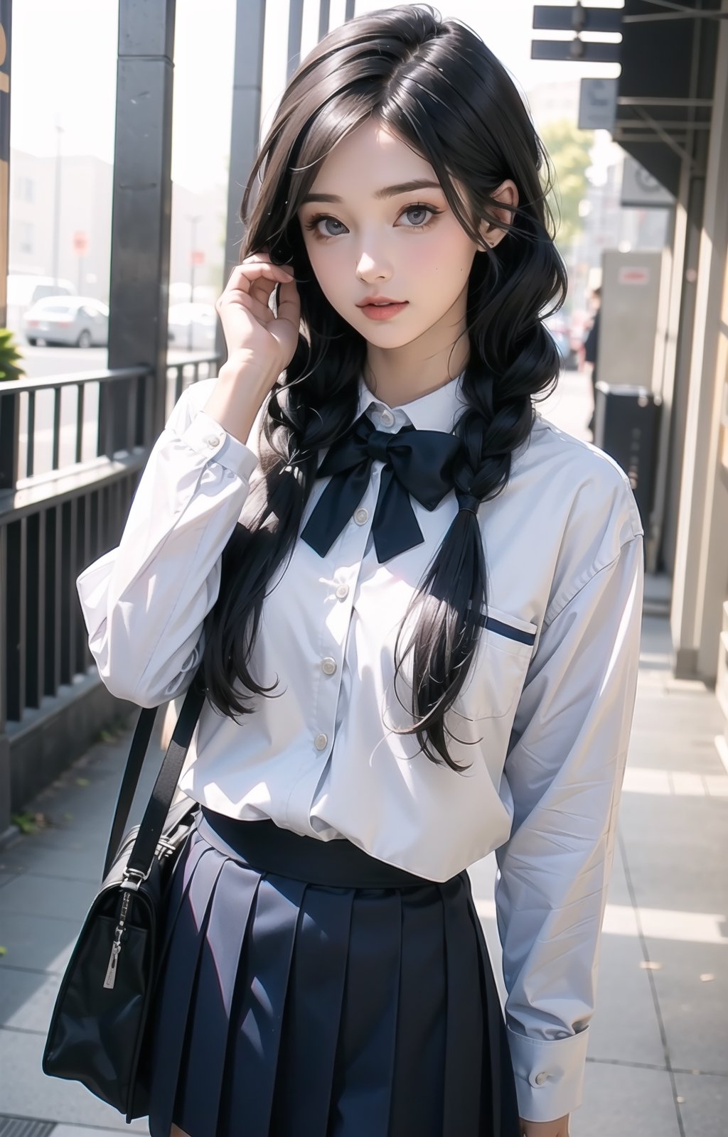 solo, ((little girl)), (long hair),(Random_hairstyle:1.5),cowboy shot,school uniform,Realism,