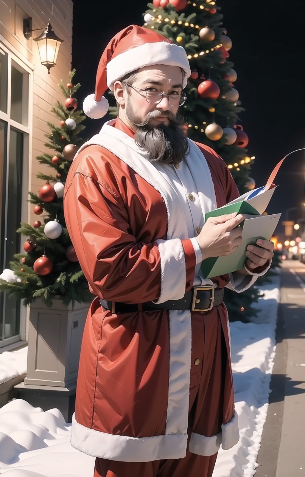 solo,((Santa Claus)),cowboy shot,christmas_hat,Santa Claus beard,snow,christmas tree,night,on the street,