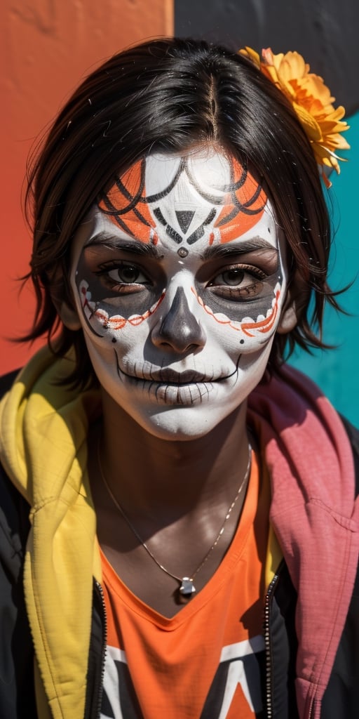 ((1boy)), 1970s (style),day of the dead, mexican, skull_face paint,  focus face, perfect skin,