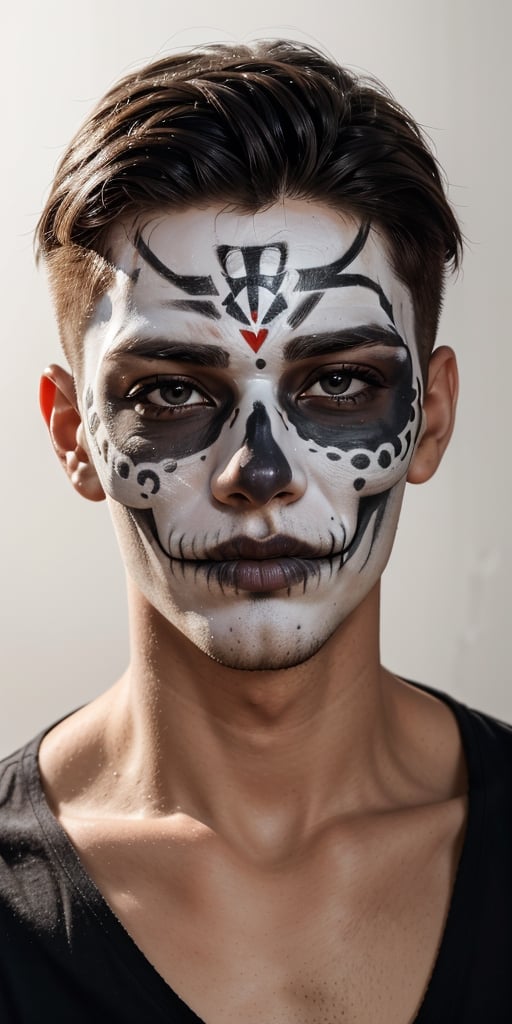 ((1boy)), 1930s (style) ,sadness,day of the dead, mexican, skull_face paint,  focus face, perfect skin,