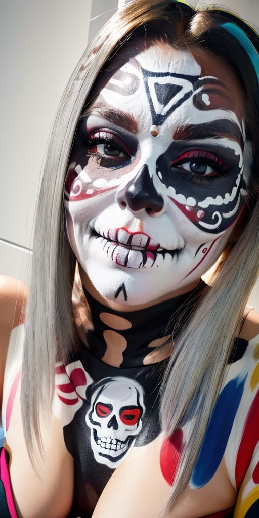 sole_female,sadness,day of the dead, mexican, (skull face painted),  focus face, perfect skin, big breast