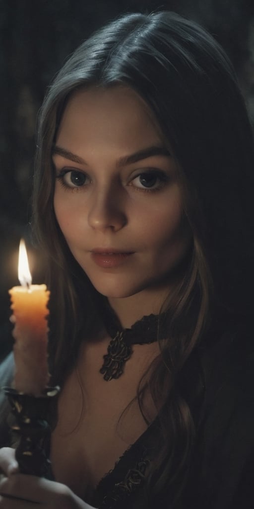 1970's dark fantasy, paper art,  1girl,  dark caslte,  castlevania style, candle in hand,  focus face,  film grain, perfect skin,  detailed eyes, 