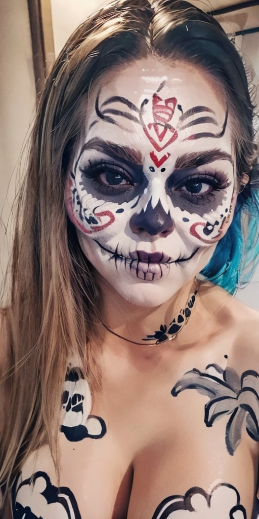 sole_female,sadness,day of the dead, mexican, (skull face painted),  focus face, perfect skin,