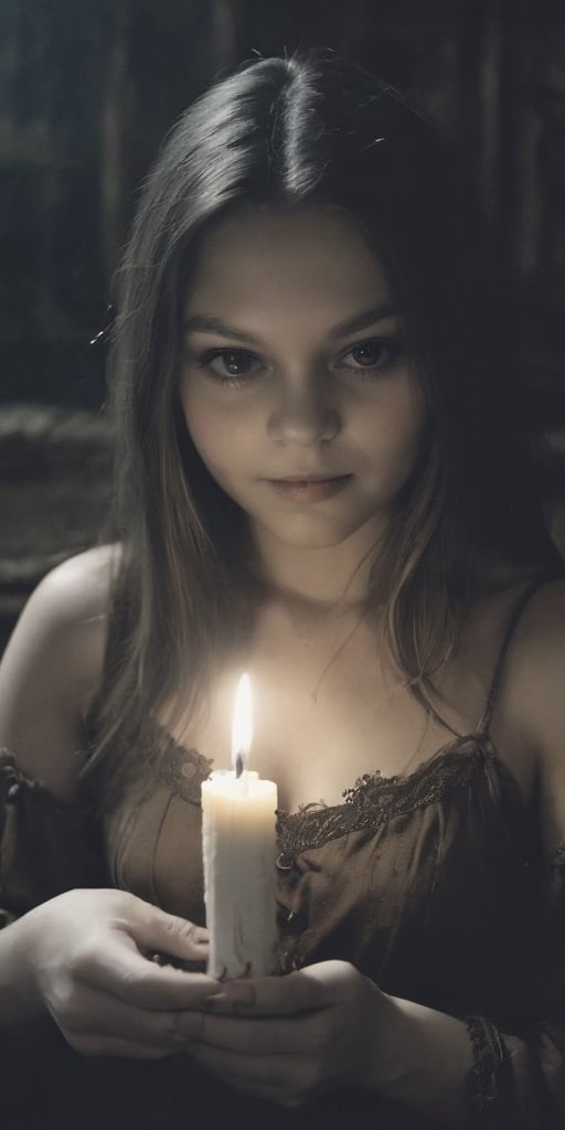 1970's dark fantasy, paper art,  1girl,  dark caslte,  candle in hand,  focus face,  film grain, perfect skin,  detailed eyes, 