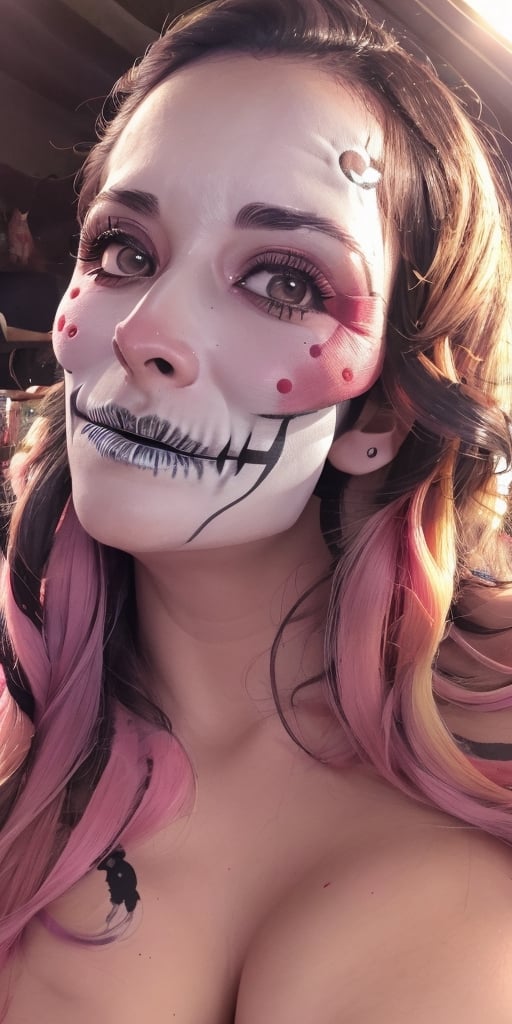 sole_female,sadness,day of the dead, mexican, (skull face painted),  focus face, perfect skin, big breast