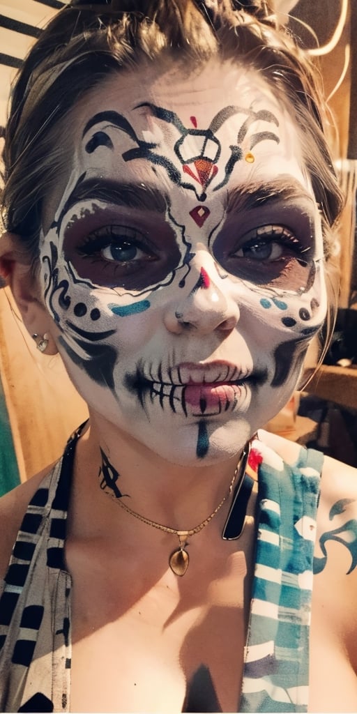 sole_female,sadness,day of the dead, mexican, (skull face painted),  focus face, perfect skin,