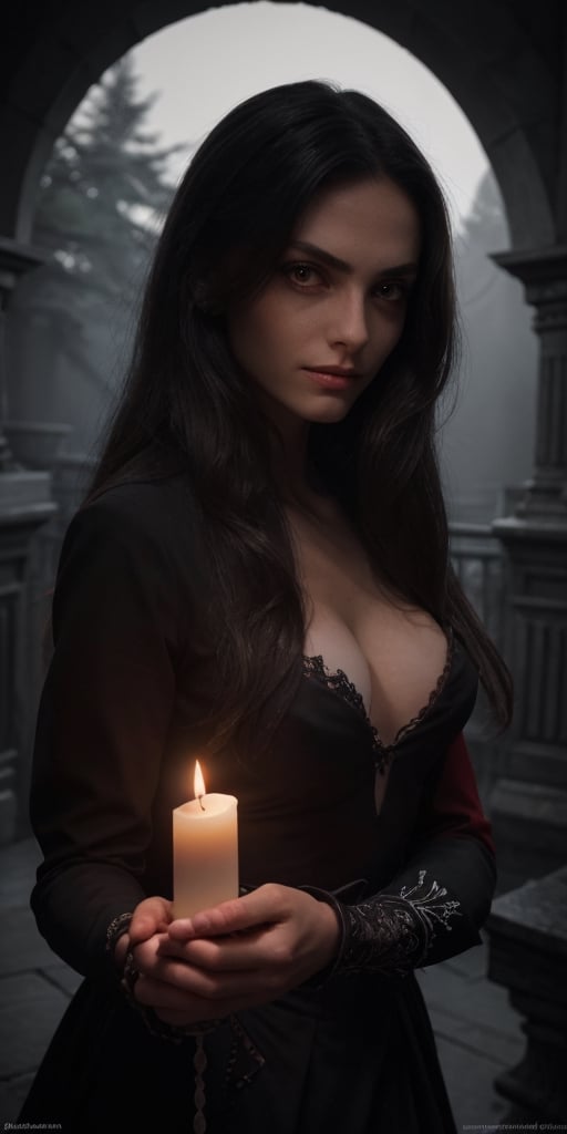 est quality, masterpiece, ultra high res, raw photo, dark theme,eighteen century, dark fantasy, paper art,  1girl,  castlevania,  vamp , candle in hand,  focus face,  film grain, perfect skin,  detailed eyes, black and white, red eyes