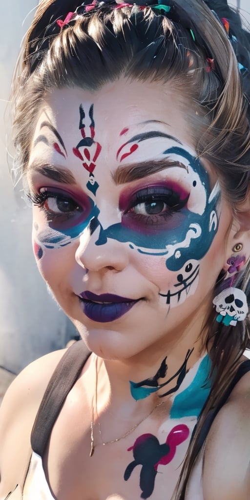 sole_female, sunny,day of the dead, mexican, skull face painted,  focus face, perfect skin,