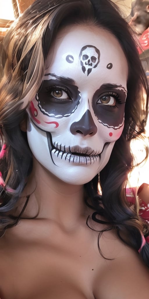 sole_female,sadness,day of the dead, mexican, (skull face painted),  focus face, perfect skin, big breast