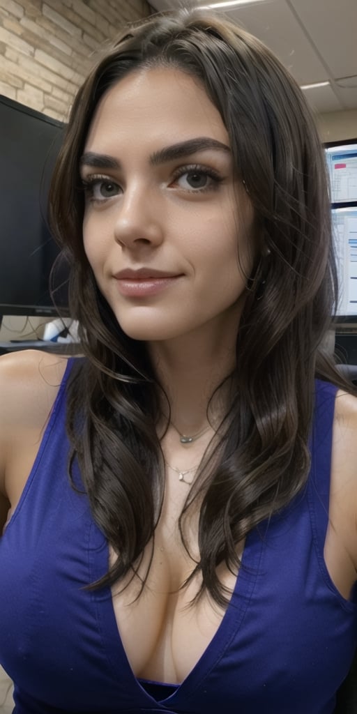 a woman sitting at a desk in front of a computer,purple eyes, alone gorgeous, massive breast, half body cropping, huge office, both have red lipshires, app, bad photo, beautiful female 