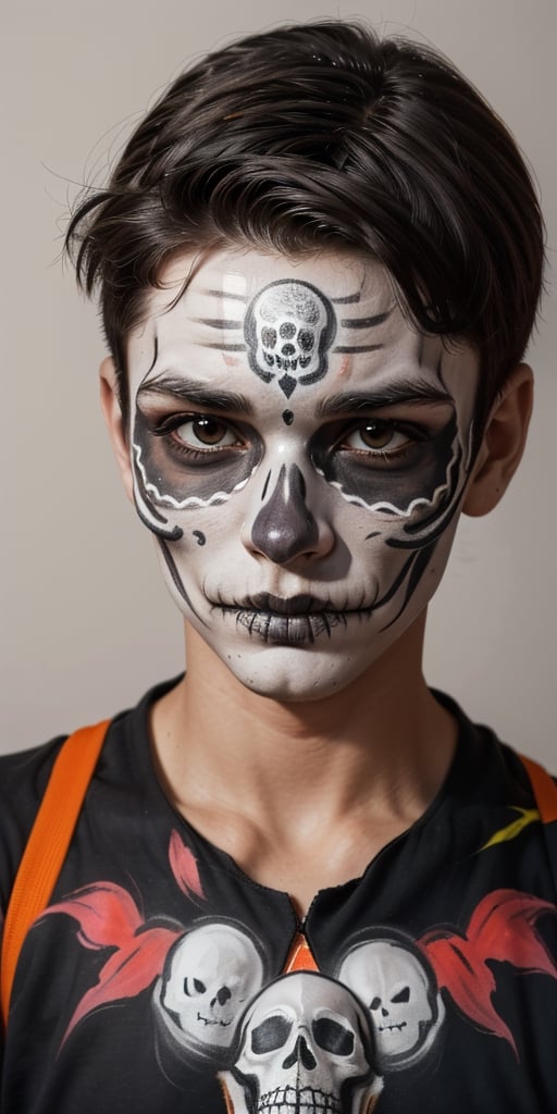 1boy, 1930s (style) ,sadness,day of the dead, mexican, skull_face paint,  focus face, perfect skin,