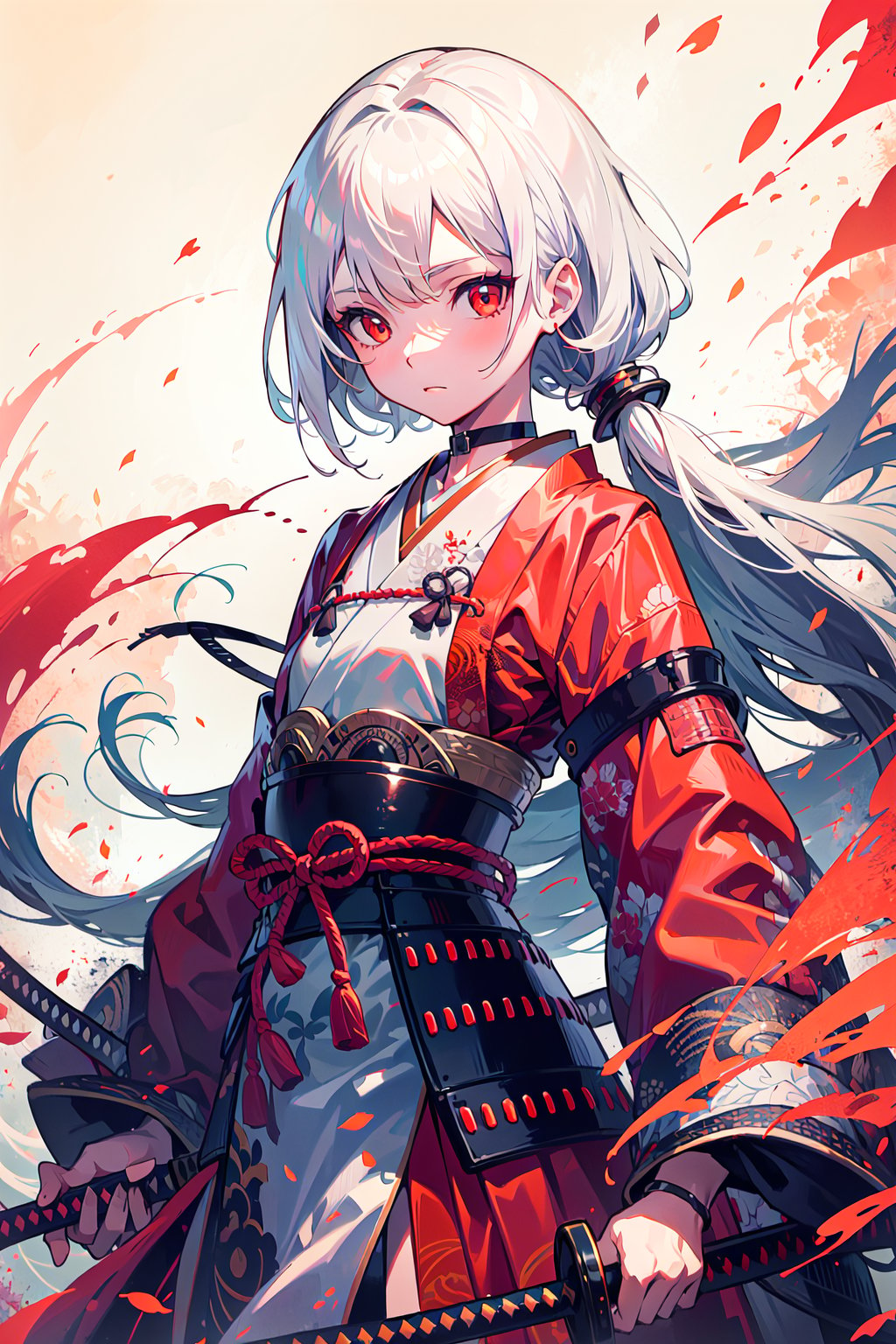 1girl, solo, (white hair:1.2), long hair, red eyes, jitome, choker, flat chest, small girl, samurai clothes, japan forest background, holding katana