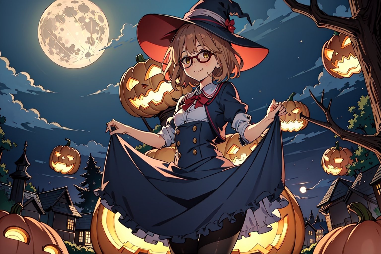 1girl, solo, Kuriyama Mirai, short hair, sidelocks, glasses small breasts, light smile, Witch hat, pumpkins, night, haunted forest, ravens, full Moon, Candy bag, pantyhose, short dress, (black dress:1.2), pantyshot, thighs, ass, skirt lift