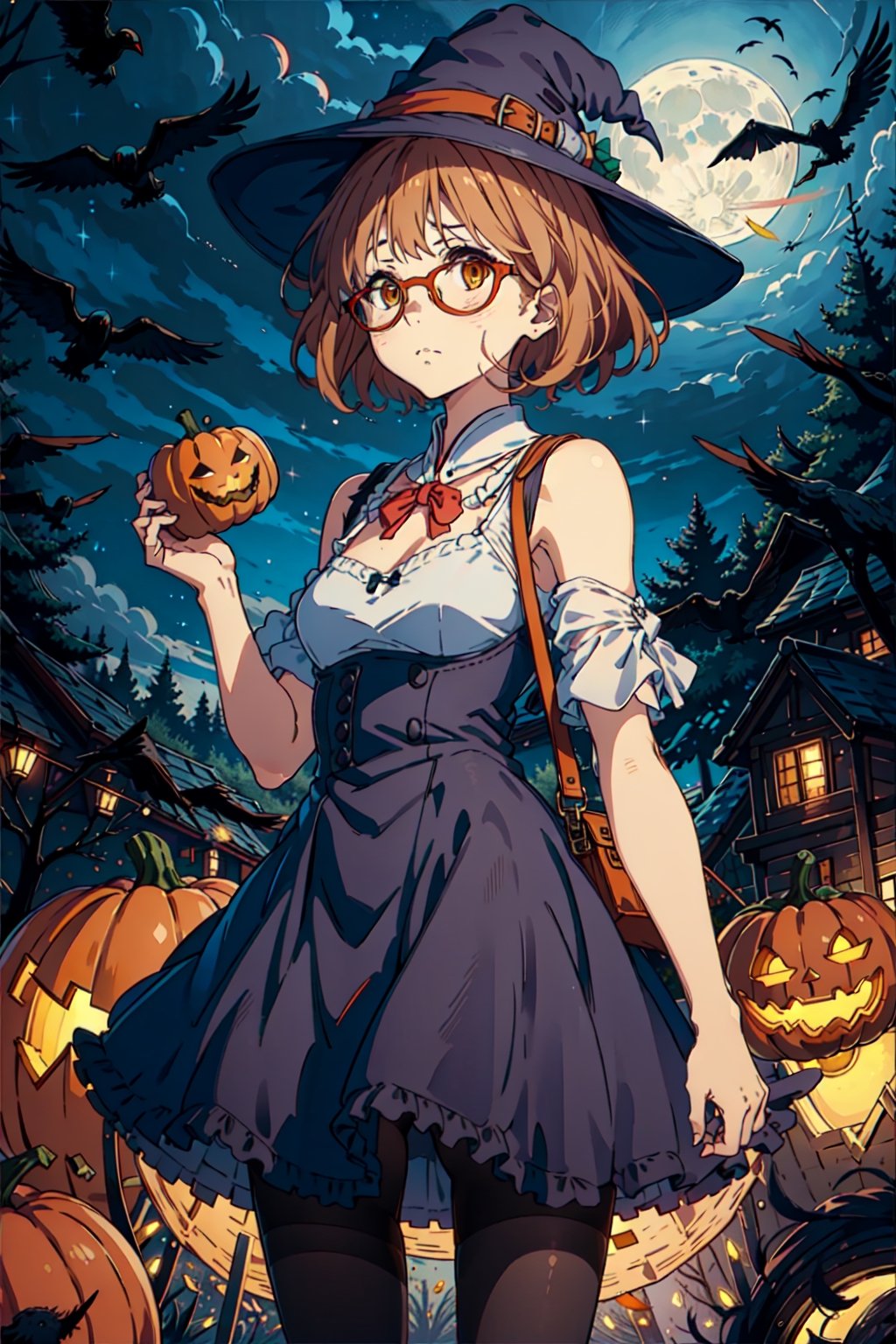 1girl, solo, Kuriyama Mirai, short hair, sidelocks, glasses medium breasts, emotionless, Witch hat, pumpkins, night, haunted forest, ravens, full Moon, Candy bag, pantyhose, short dress, (Orange dress:1.2) White and black clothing, pantyshot,