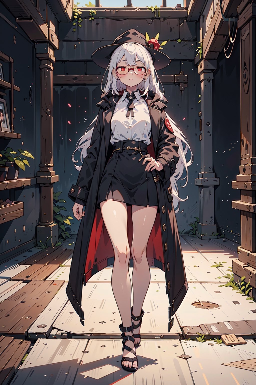 1girl, sole female, long hair, white hair, glasses, :3, jitome, red eyes, walks down a runway, fashion runway background, black coat, white long shirt, long legwears, cute hat, skindentation, posing, skinny, fullbody shot, shooting light, indoors, light, 