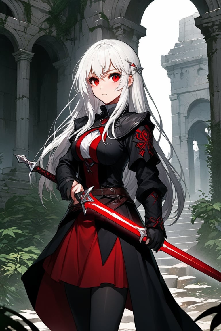 masterpiece, best quality, anime artwork, studio anime, full body, 1girl, (white hair), emotionless, very long hair, (red eyes), flat chest, red white and black fantasy RPG rogue clothing, in a ancient ruins vegetation cover, holding weapon (dagger), Beautiful Eyes, detailed eyes