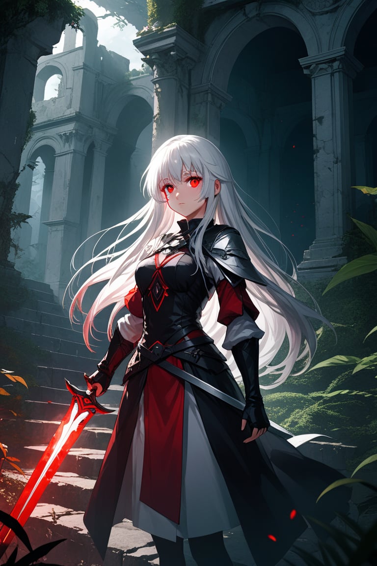 masterpiece, best quality, anime artwork, studio anime, full body, 1girl, (white hair), emotionless, very long hair, (red eyes), flat chest, white red and black fantasy RPG clothing, in a ancient ruins vegetation cover, night, holding weapon (dagger), Beautiful Eyes, very detailed eyes, Movie Still, ray tracing ilumination