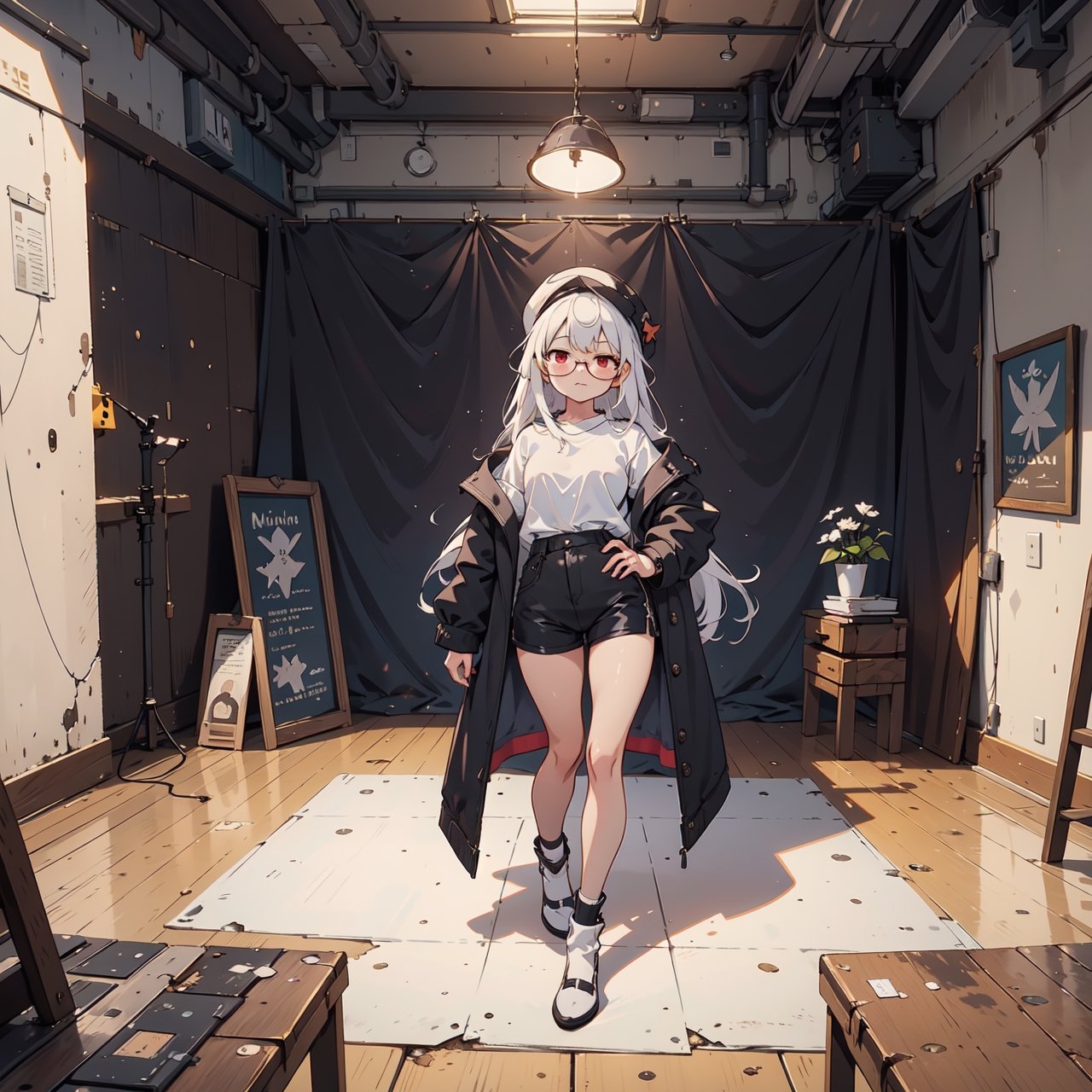 1girl, sole female, long hair, white hair, glasses, :3, jitome, red eyes, photo studio background, black coat, white shirt, black shorts, sneekers, legwears, cute hat, skindentation, posing, skinny, fullbody shot, photostudio, shooting light, indoors, light, cyclorama, white cyclorama