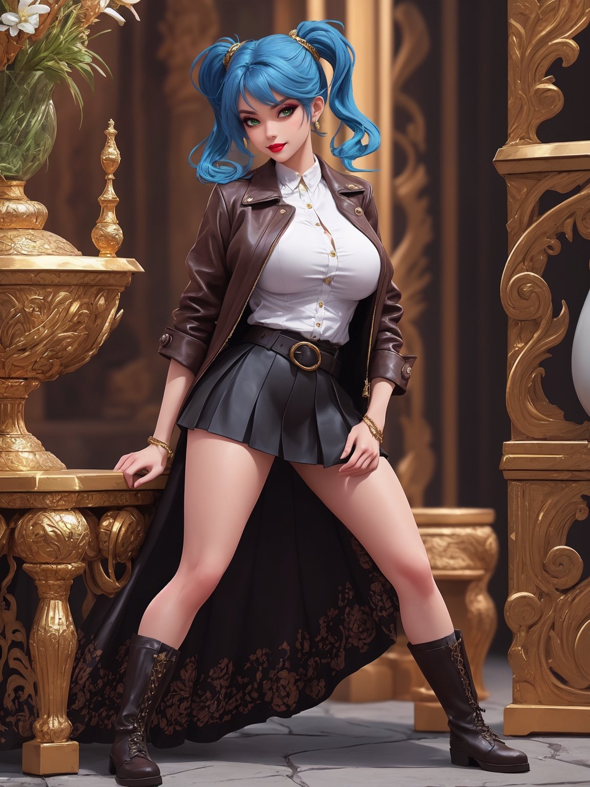 In a UHD masterpiece, with ultra-sharp details, the adventure-inspired style blends elements of anime and urban realism. | A stunning 30-year-old archaeologist showcases her elegance and boldness in an ancient Persian temple immersed in a waterfall. Wearing a dark brown leather coat, short white top, pleated black skirt, leather boots, and a black belt, her blue hair is adorned with two pigtails and a large fringe. A tattoo stands out on her right arm. Her piercing gaze stares directly at the viewer. | The scene reveals the magnificent temple with white marble structures, Persian writings, and impressive vases. On an altar, gold figurines capture the essence of ancient Persian culture. The camera, very close, highlights the protagonist adopting a dynamic pose. Leaning back with "tomb raider" style, she interacts and boldly leans on a large structure in the scene. | She is reclining in a dynamic way, providing a cinematic experience that combines adventure, style, and intrigue. | She is adopting a ((sensual pose as interacts, boldly leaning on a large structure in the scene, leaning back in a sensual way, adding a unique touch to the scene.):1.3), ((Full body)), perfect hand, fingers, hand, perfect, better\_hands, Big, More Detail.