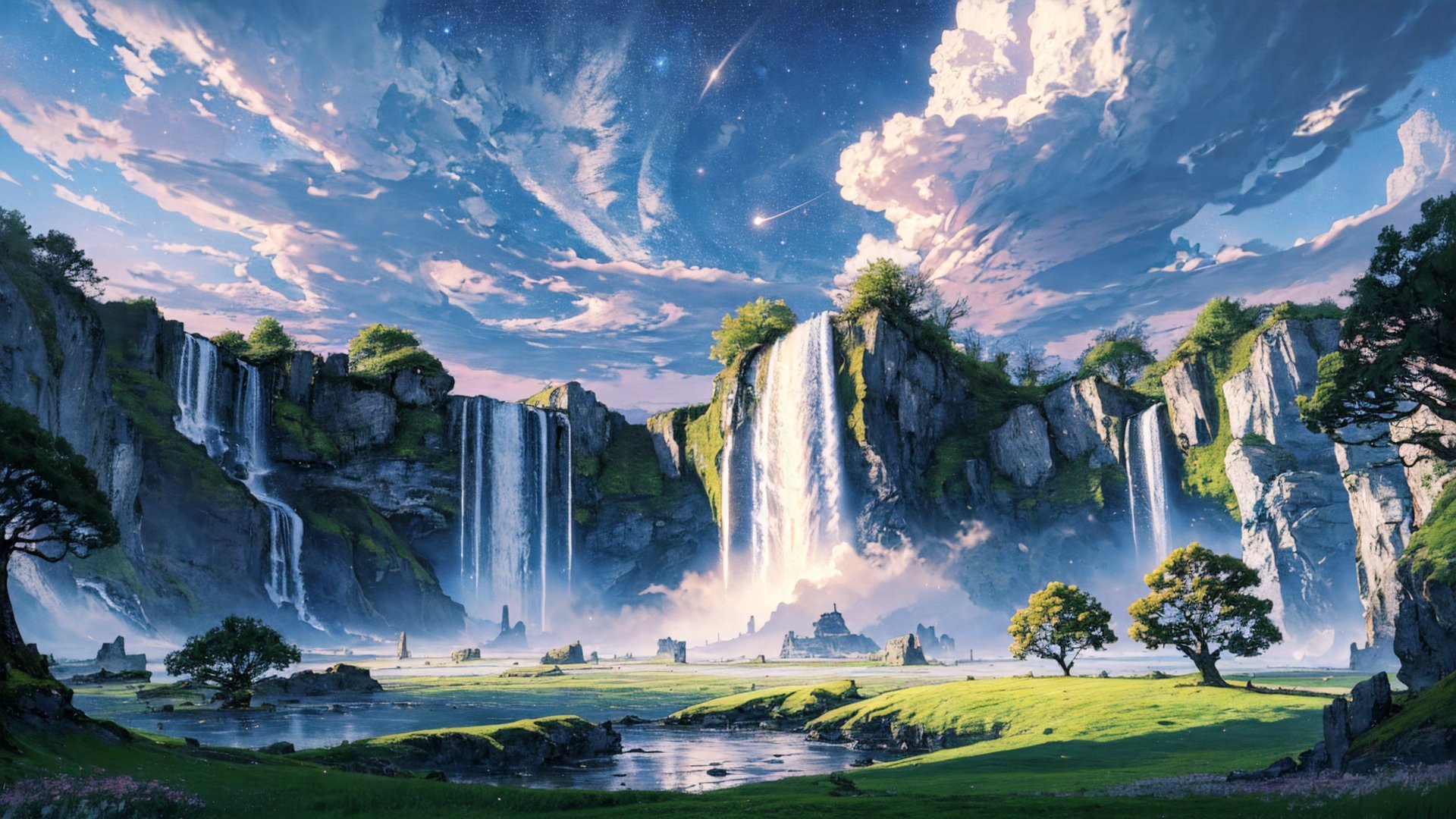 masterpiece, best quality, extremely detailed, highres, no_humans, scenery, sky, clouds, trees, grass, waterfall, galaxy