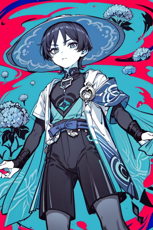 masterpiece, best quality, high quality, 1boy, (from below:1.2), flowers, blue hydrangeas, big flowers, flat color, lineart, abstract, ornate, monochrome palette, polychrome, wanderer, limited palette, red eyeliner, green theme
