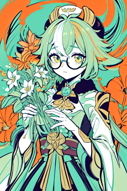 masterpiece, best quality, high quality, 1girl, flowers, strawberry flowers, big flowers, flat color, lineart, abstract, ornate, light green theme, polychrome, glasses, limited palette, ,sucrose \(genshin impact\)