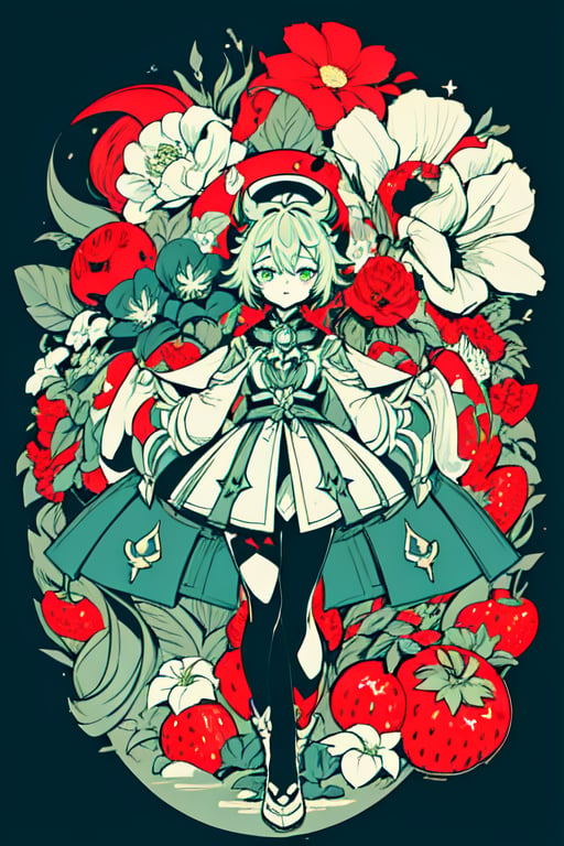 masterpiece, best quality, high quality, 1girl, flowers, strawberry flowers, big flowers, flat color, lineart, abstract, ornate, light green theme, polychrome, wanderer, limited palette, ,sucrose \(genshin impact\)