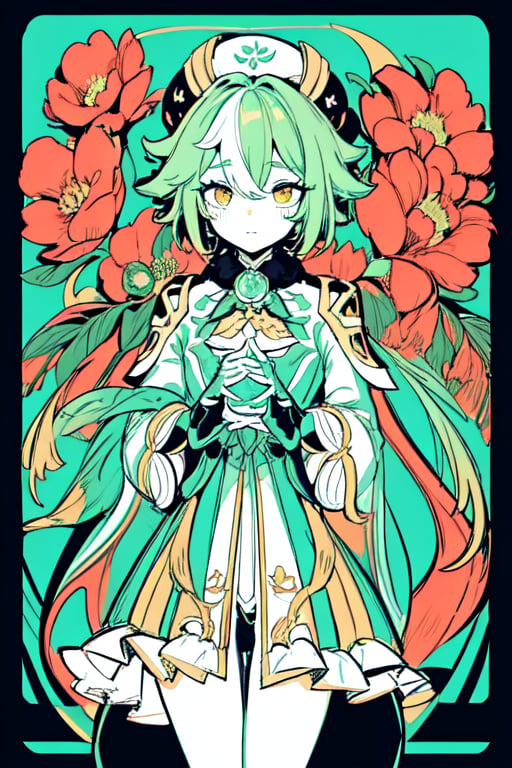 masterpiece, best quality, high quality, 1girl, flowers, strawberry flowers, big flowers, flat color, lineart, abstract, ornate, light green theme, polychrome, wanderer, limited palette, ,sucrose \(genshin impact\)