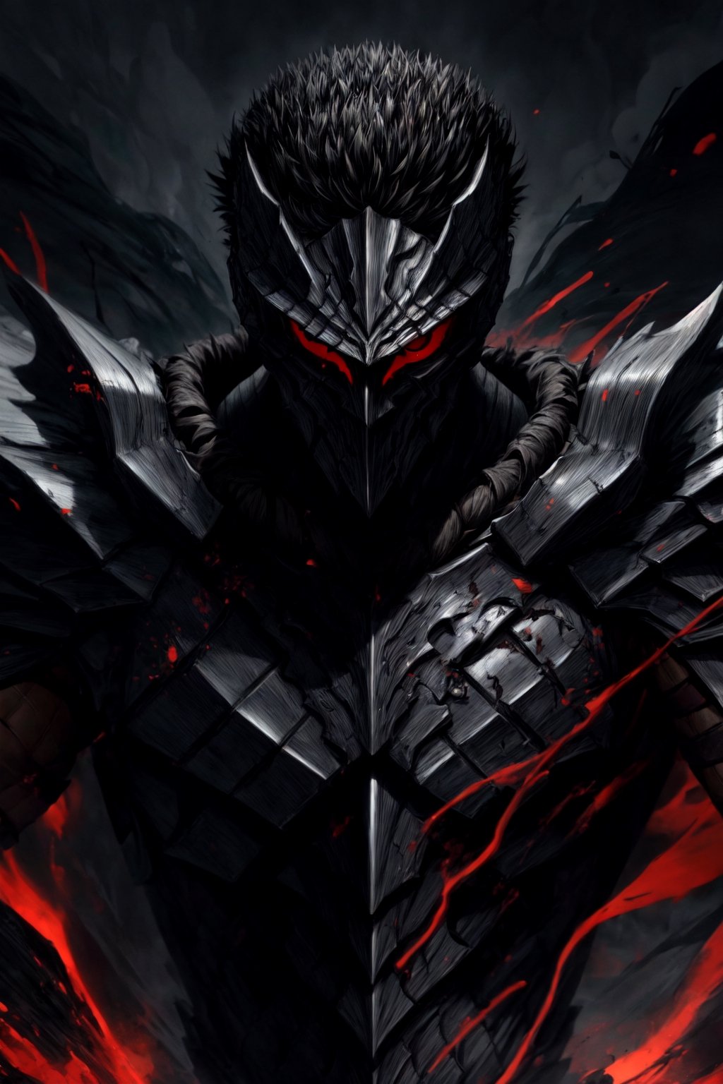 guts \(berserk\), one eye closed, manly, scar, male focus، red Aura, ((the berserker Armour)), (black armour), ((helmet)), (((red aura))), insanevoid, glowing eyes, horror \(theme\), {{detailed}}, ,one eye closed