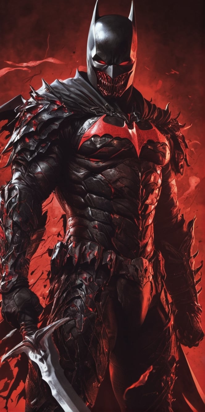 Batman fused with Guts, red aura made of Bats, blood, marvel, Batman, strong pose, guts, Berserk, anime_berserk, the berserker armour, dog skull helmet, venom symbioti, red trail of bats, Reddeath(the flash)