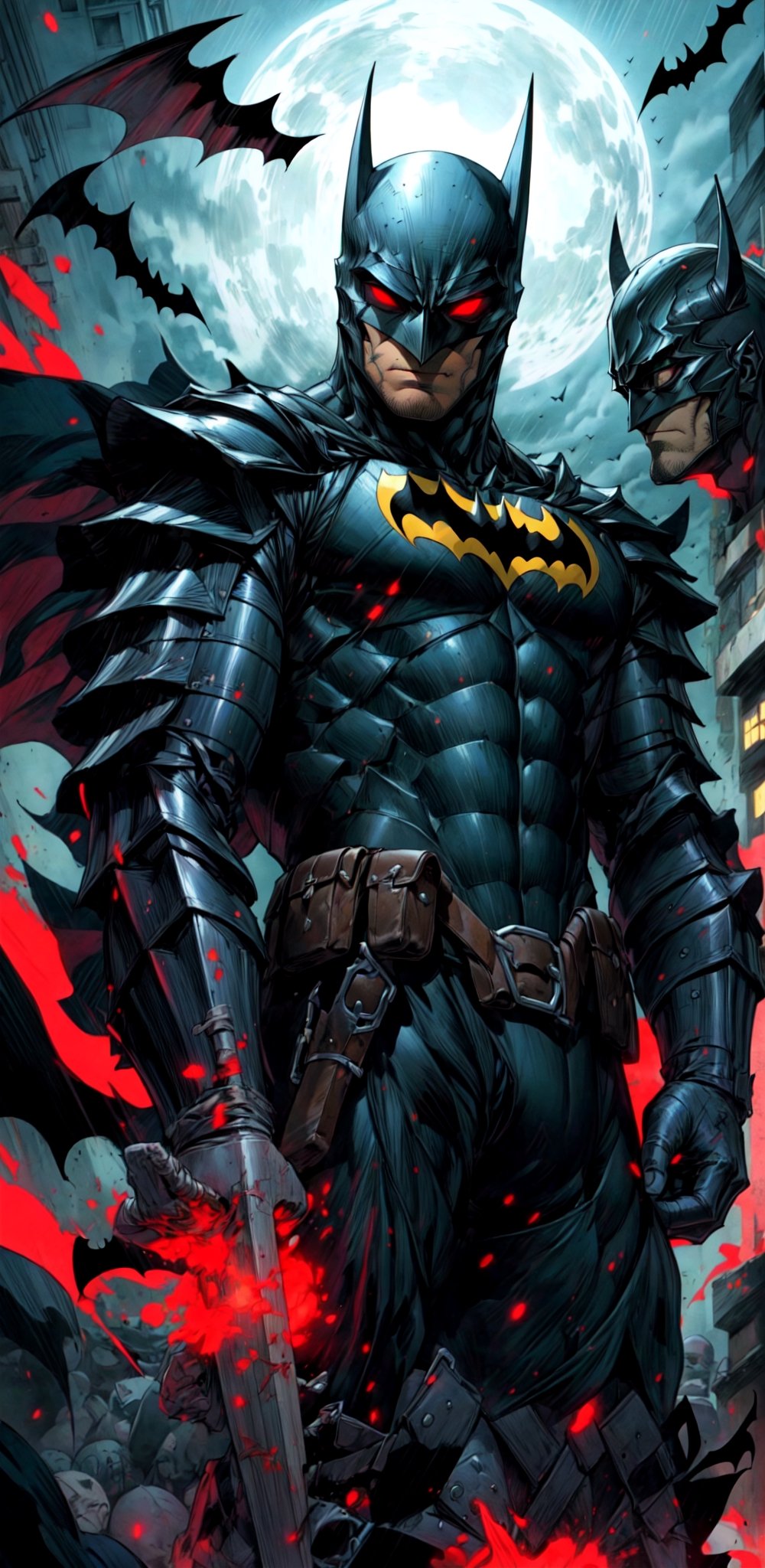 guts fused with Batman \(berserk\), one eye closed, manly, scar, male focus، red Aura, ((the berserker Armour)), (black armour), ((helmet)), (((red aura))), insanevoid, glowing eyes, \(theme\), {{detailed}},a strong pose, view from far, ((BATMAN)),r1ge