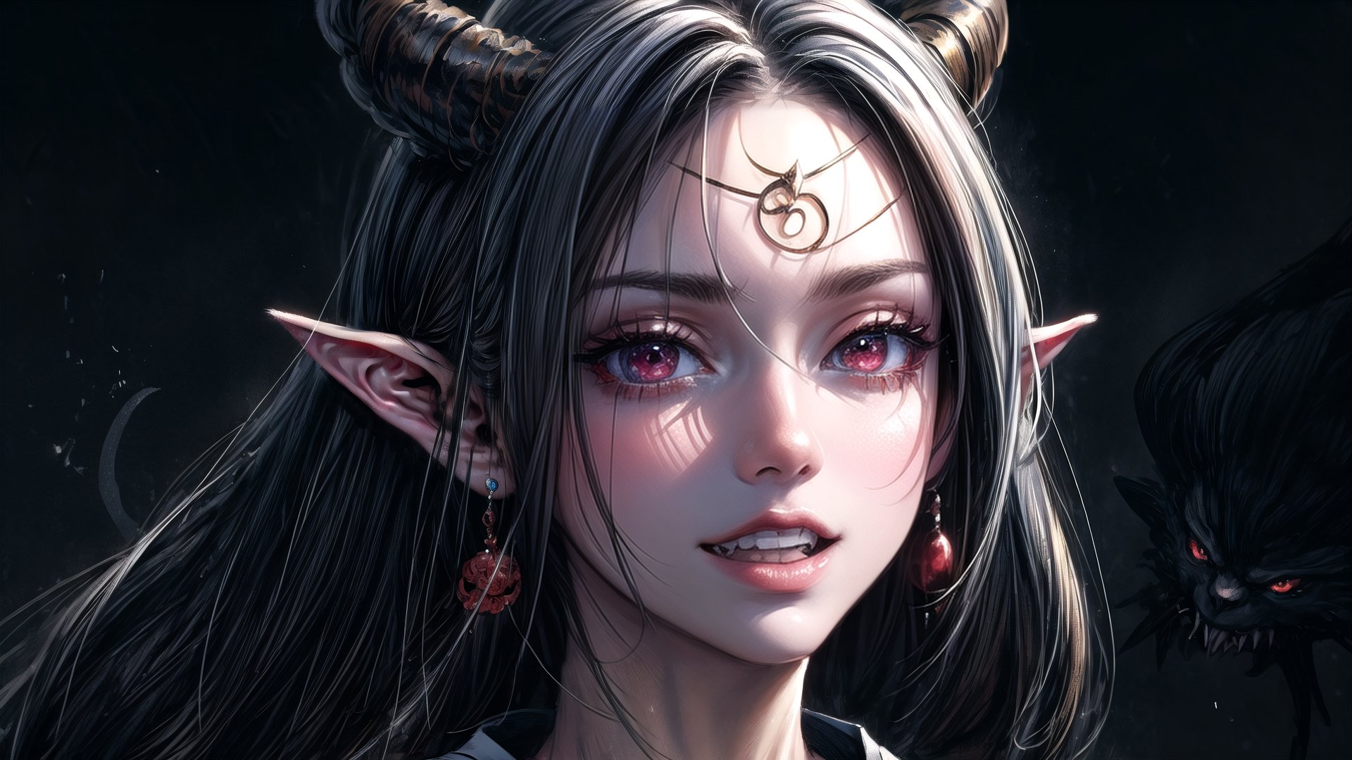 Oni,Heian-kyo era,japan warring States,long fangs,seductive eyes,pointed ears, black flame hair, two long horns growing from their the forehead,red glowing eyes, surreal,pretty smile,dark fantasy,kimono,black hair,slim body, beautiful and aesthetic, beautiful, masterpiece , 1girl, high quality, 32k, perfect detailed, ultra sharp focus,hyperdetailed painting,ethereal background,perfect hands,super detailed fingers, beautiful detailed eyes,cute face,small boobs,loli,detailed teeth,Japanese style,solo,Hime hairstyle,movie poster,greg rutkowski,dynamic lighting, lights, digital painting,fantasy acrylic,dreamlike, highly detailed,intricated,1girl,white hair highlights,Japanese mansion,Intricate and detailed background