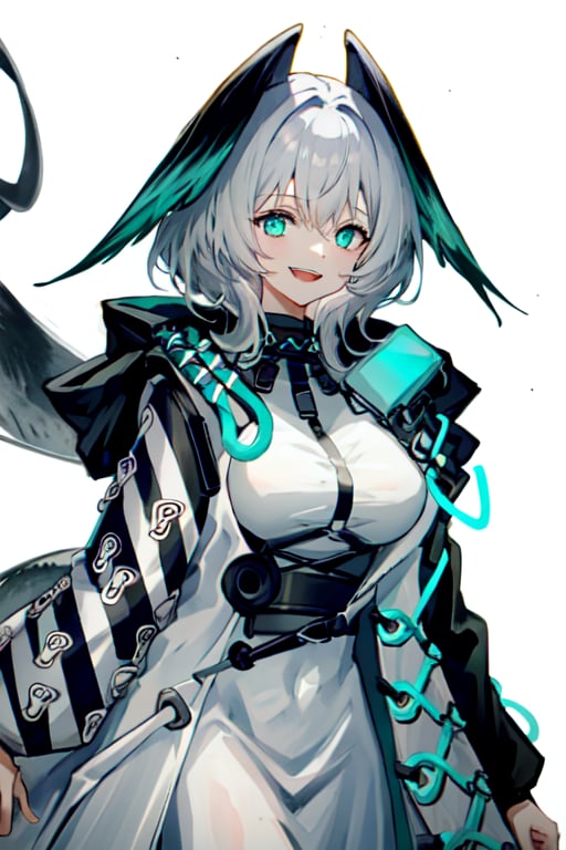 hoolheyak(arknights), 1girl, head wings, open mouth, simple background, :d, solo, white background, upper body, aqua eyes, open coat, hood, smile, grey hair, shirt, coat, looking at viewer, open clothes, large breasts, fantasy background, full standing,