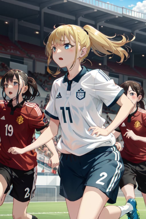 masterpiece,best quality,dramatic, 2girls, running, soccer team uniform, sports uniform, blonde hair, soccer field, crowd, 