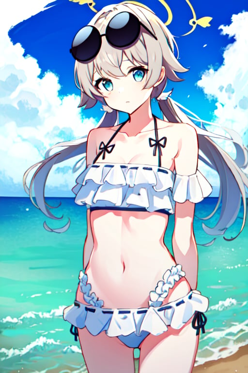 Hifumi(Swimsuit), sky, beach, black swimsuit, looking at viewer, frilled bikini, day, bikini, cloud, outdoors, blue sky, twintails, long white hair, eyewear on head, collarbone, solo, cowboy shot, frills, arms behind back, low twintails, ocean, sunglasses, black bikini, navel, blue eyes, 1girl, halo