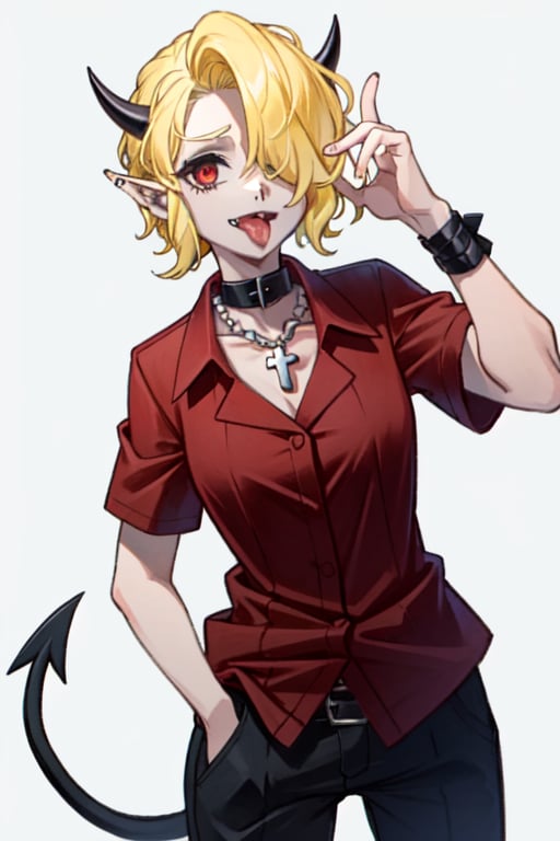 zdrada(helltaker), solo, short yellow hair, demon girl, black long horns,  1girl, demon horns, red eyes, nature background, ,yellow hair, demon tail, tail, hair over one eye, horns, ear piercing, simple background , red shirt, collared shirt, cross necklace, cross, choker, black pants, sharp teeth, tongue out, tongue, long tongue, tongue piercing, 