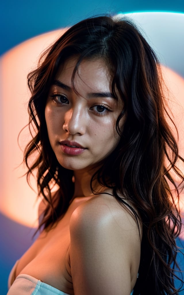 raw photo, photograph, intricate, photo of beautiful korean woman, wavy hair, skin texture, pores, in backlight red and blue background, cinematic,