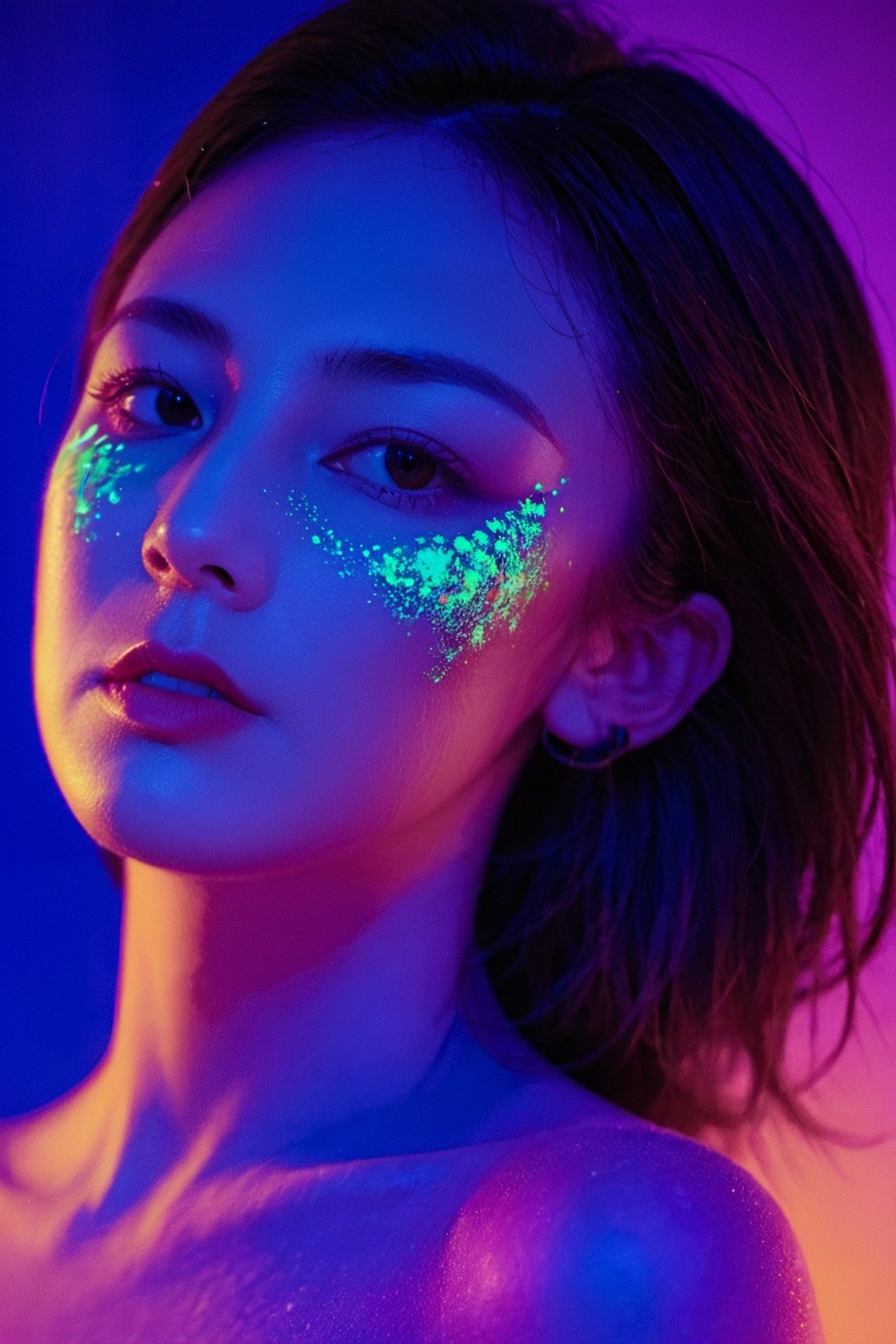 xxmix_girl, portrait of a woman with blacklight makeup, soft light, sunshine, xxmix girl woman, blacklight makeup, , , 