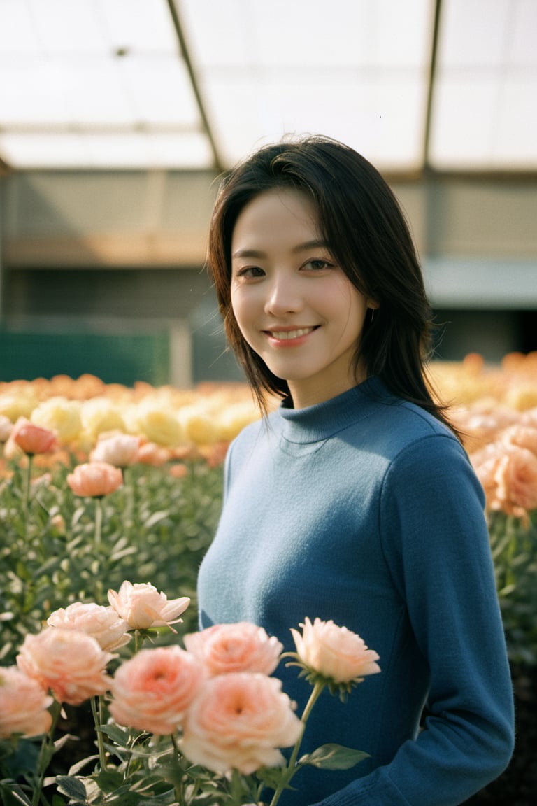 xxmixgirl,Digital color photography portrait of a woman working at a flower gardon, smiling at the camera, minimal, bright light ,film,graininess,smile,cold,Grainy