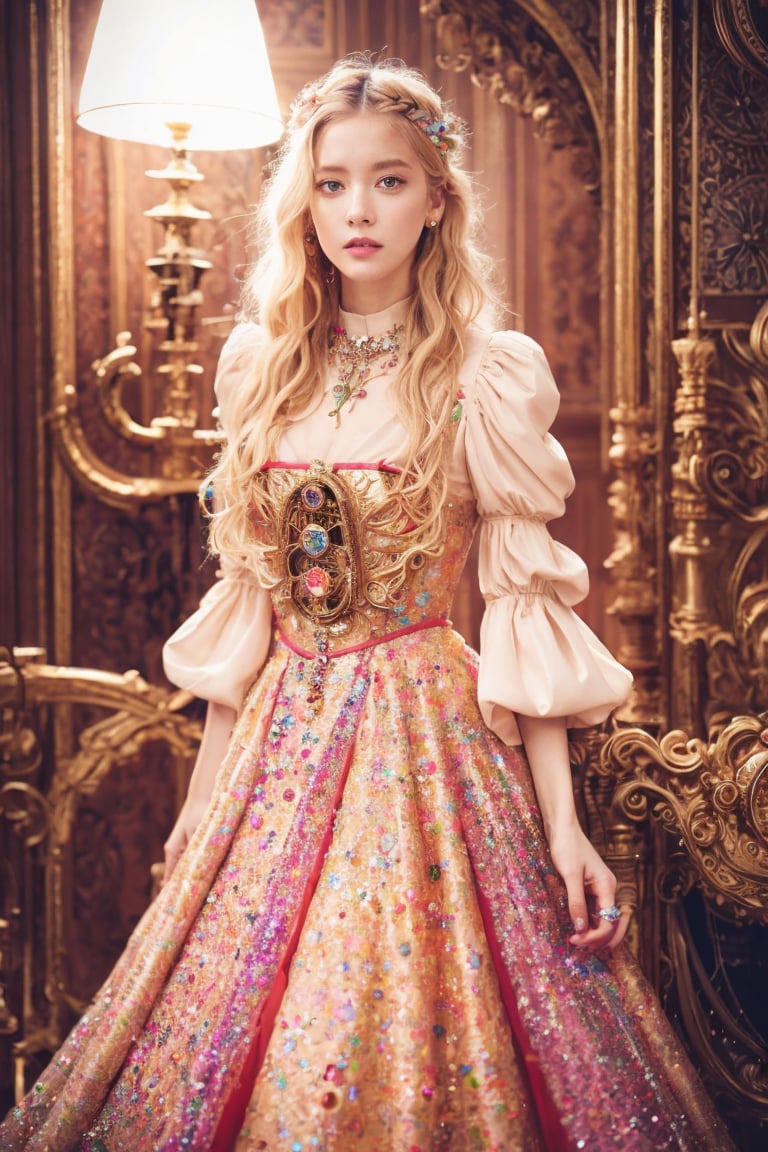 1girl, Stunningly Beautiful blonde, Haute_Couture, light brown designer dress,  long ringlets, colorful, vivid colors, masterpiece, best quality, absurdres, highest quality, amazing details, 8k, aesthetic,candyseul, full_body,jennierubyjenes,ellafreya,HZ Steampunk