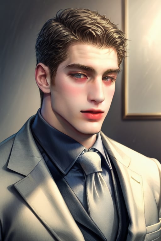 Large male figure, wearing suit, portrait, soft lips, ,Detailedface