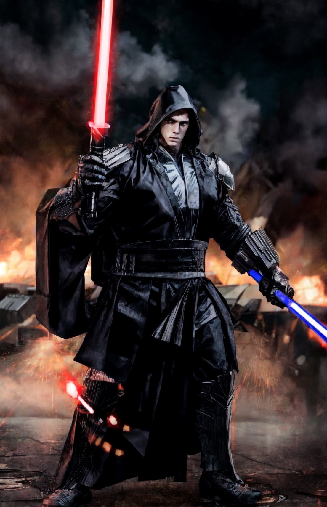 Large man in Sith gear holding a black lightsaber, destruction,complex_background,muscular_body.