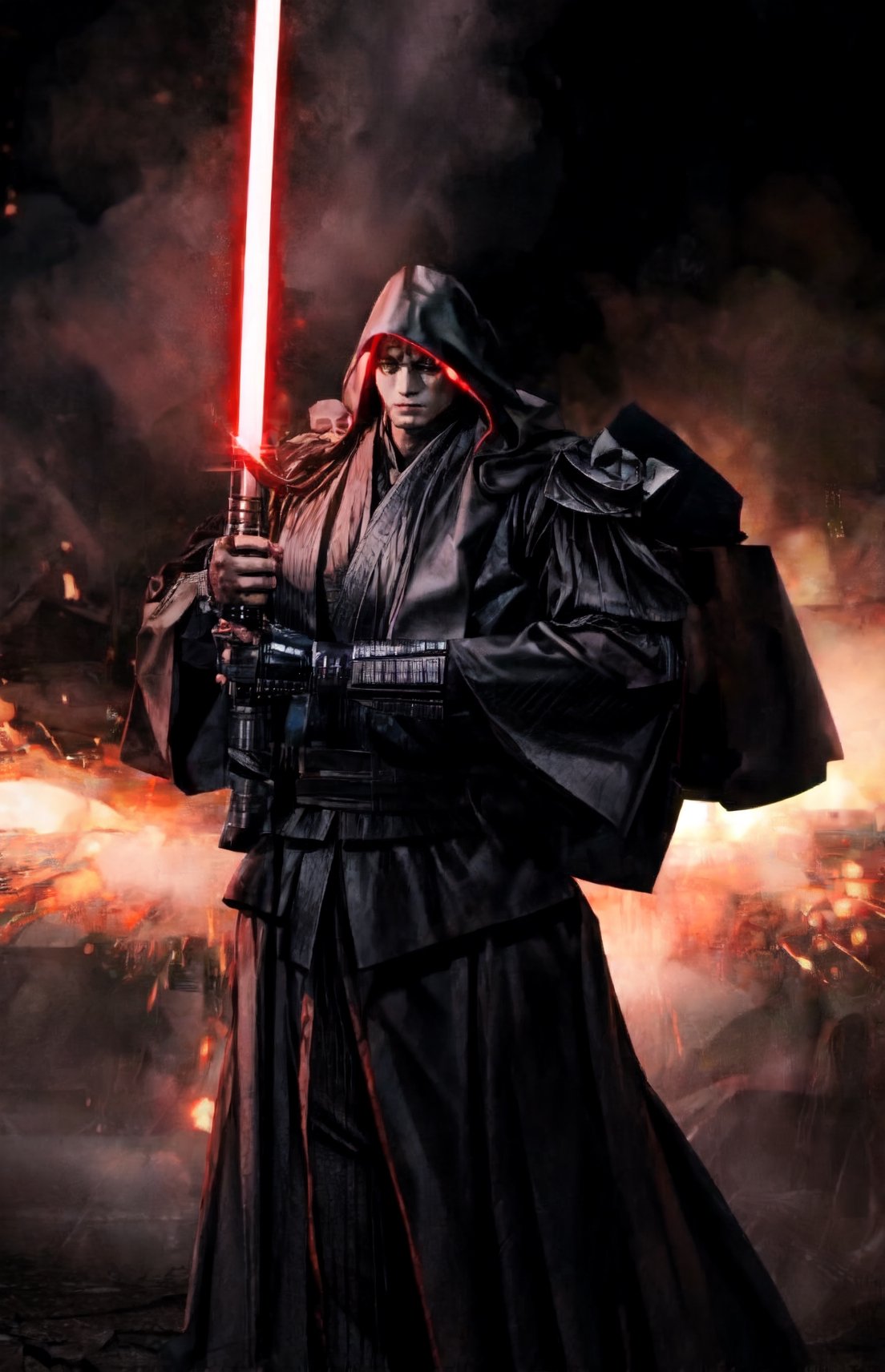 Large man in Sith gear holding a black lightsaber, destruction,complex_background,muscular_body.