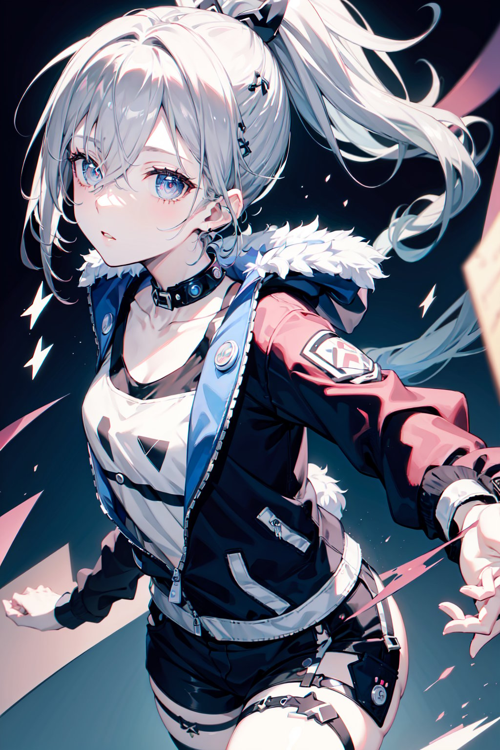 ((female)), (solo:1.2), ((masterpiece)), ((pale skin)), ((detailed eyes)), (bokeh effect), (dynamic angle), dynamic pose, silver hair, ponytail, zip-up jacket