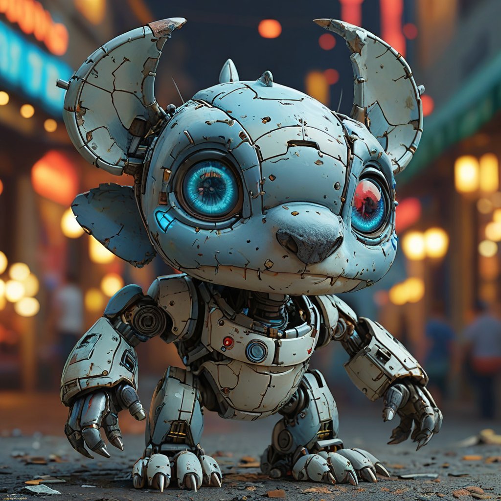 robo stitch disney, ruined citalian ity background, no fur, mechanical face, LED eyes